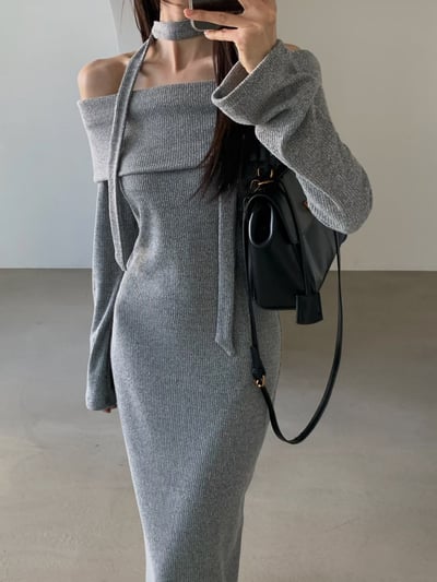 反摺平口領後開衩針織長洋（附綁帶)2