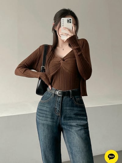 兩穿細坑條排釦罩衫＋扭結背心SET4