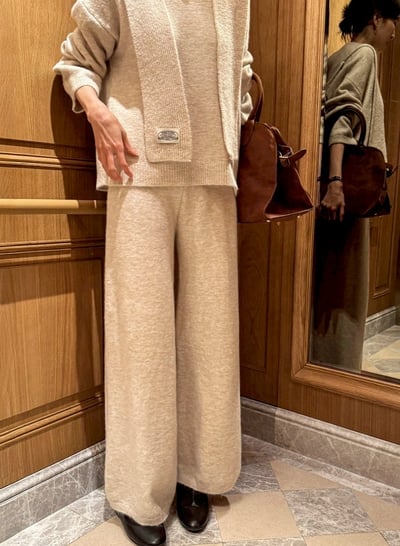 圓領針織上衣+連帽圍巾+長褲三件套SET5