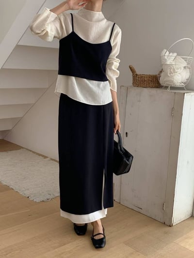 氣質背心+雙層配色長裙SET（黑S現貨一套）6