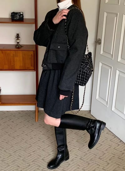 雙口袋磨毛夾克＋鬆緊磨毛短褲裙SET2