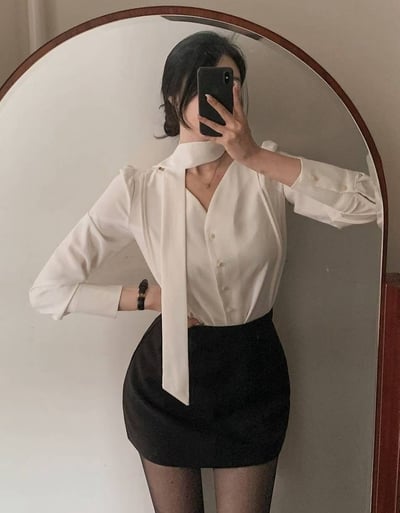 桃心領排釦雪紡衫（附綁帶）5