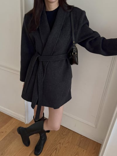 混羊中長款毛手工大衣（附綁帶）5