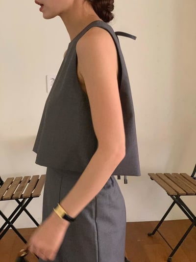 後開岔綁帶背心+鬆緊腰長裙SET (可拆買3