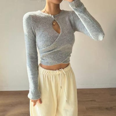 性感交叉鏤空長袖針織衣5