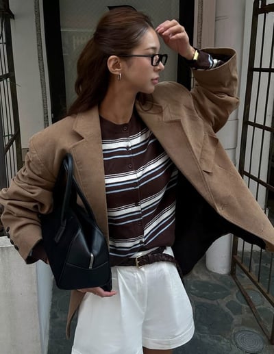 圓領秋季配色橫條紋排釦針織衫1