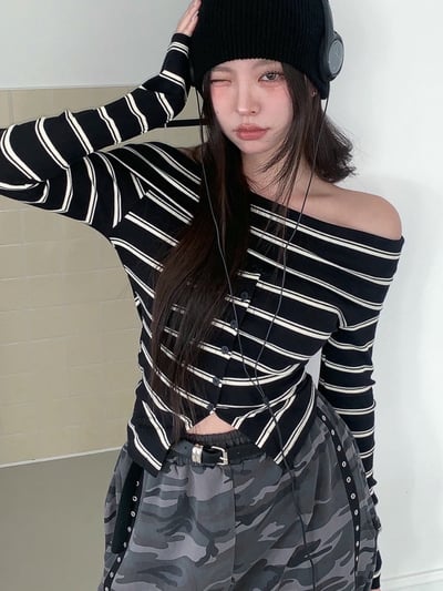 反折平領排釦下開衩橫條紋針織衫5