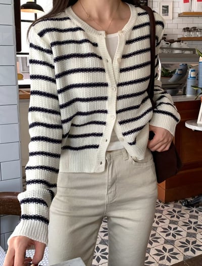 (在台現貨）織紋橫條排釦針織外套4