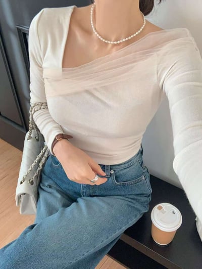 斜肩拼接網紗彈力薄針織衣6