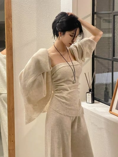 三件組｜平口抓皺背心＋開襟罩衫服綁帶＋鬆緊寬褲SET10