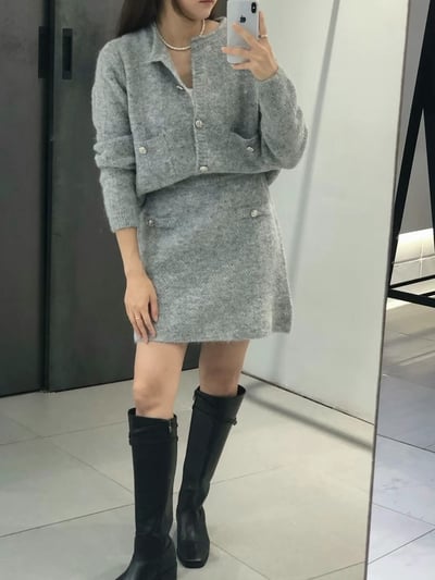 雪花排扣針織衫＋鬆緊針織短裙SET5