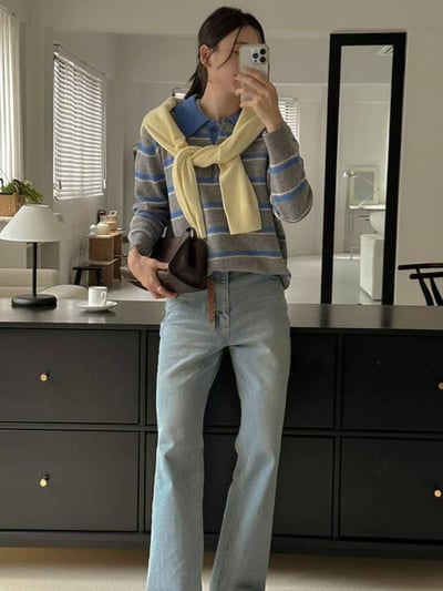 polo排釦領跳色橫條紋羊毛針織衣（100%)3