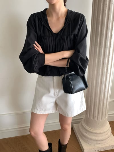 抓皺綁結連帽棉麻衫4