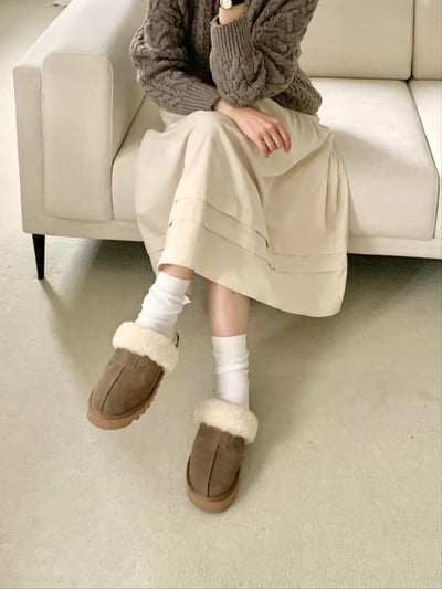 中線毛毛方塊牛皮厚底拖鞋1