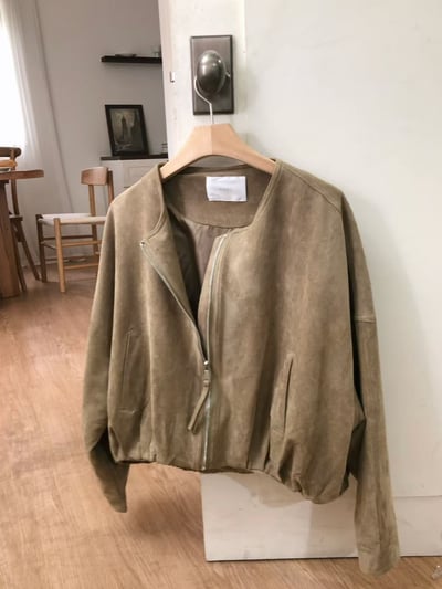 落肩圓領薄款麂皮拉鍊夾克4