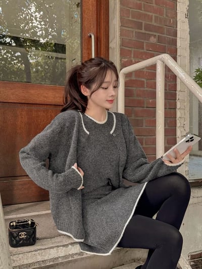 三件套｜滾邊短袖針織衫＋排釦外套＋短裙SET5