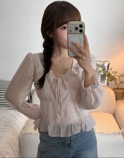 方領荷葉滾邊前綁結排釦雪紡衫5