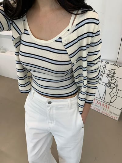 雙配色條紋背心＋排釦薄針織小外套SET3