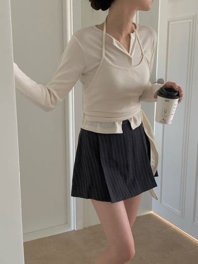 排釦開襟薄Ｔ＋側綁帶繞頸背心SET3