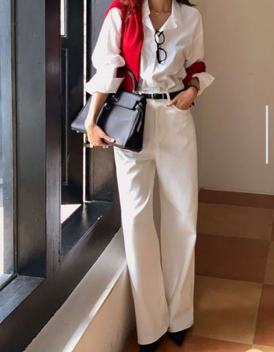 高腰顯瘦白色微寬牛仔褲1