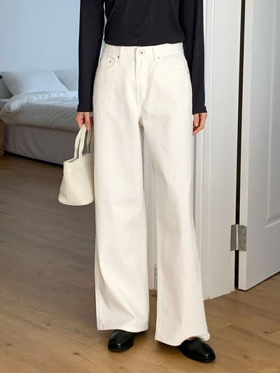 極簡中高腰白色微寬褲5