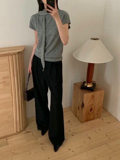 素色短袖薄款羊毛衣（附綁巾）9