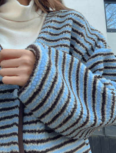 落肩配色橫條紋磨毛開襟外套4