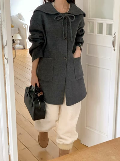 前綁結娃娃圓領羊毛100%大衣3