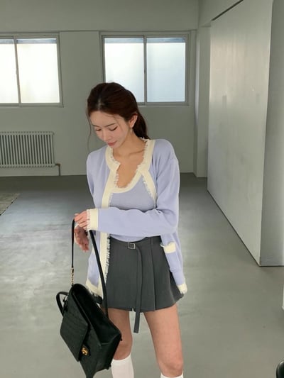 圓領抽鬚滾邊開心外套＋撞色背心SET7