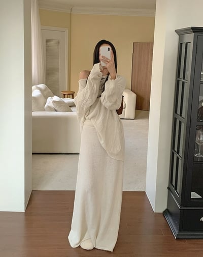 斜肩長版麻花針織衣+鬆緊落地長裙SET2