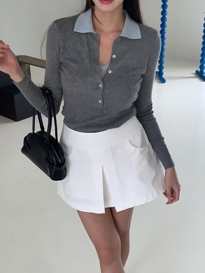 拼接排釦襯領假兩件針織衫5