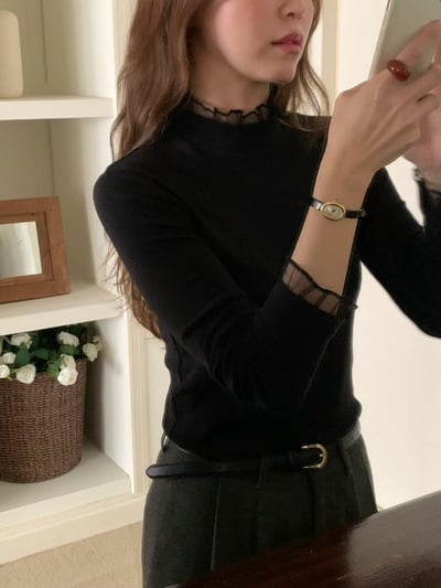 拼接花邊邊網紗高領打底衣13