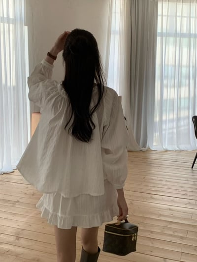 前綁結花邊Ｖ領棉麻衫＋荷葉棉麻短裙SET(可拆買）10