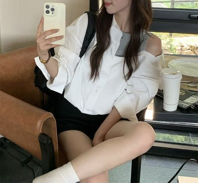 單邊露肩背心造型假兩件襯衫7