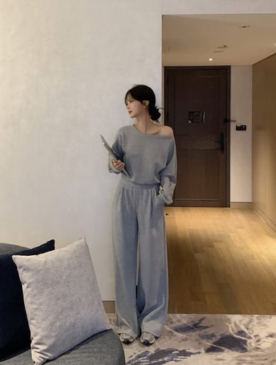 斜肩下擺縮腰大學Ｔ＋打褶腰間抽繩棉褲SET(可拆買）2