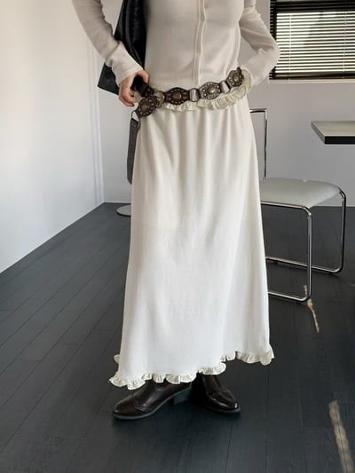 荷葉滾邊排釦針織衫＋鬆緊針織長裙SET6