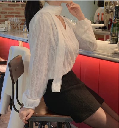 可拆領巾！Ｖ領金蔥波紋雪紡襯衫3