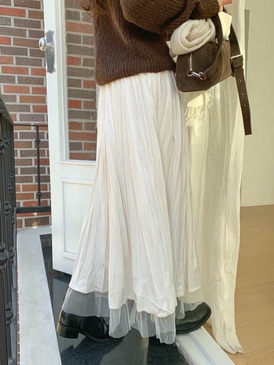 兩面穿！壓紋絨面料拼接網紗長裙11