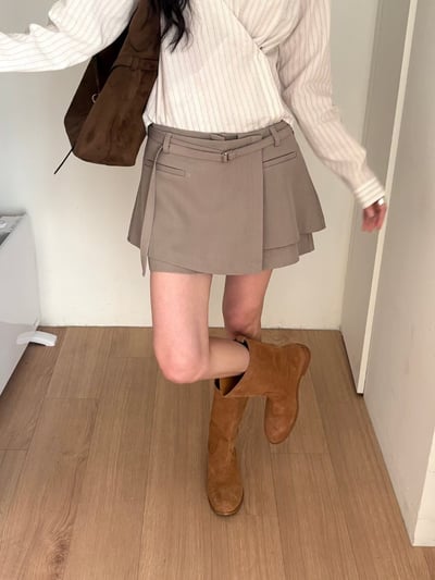 墊肩附綁帶西裝外套＋層次低腰西裝短褲裙SET(可拆買）5