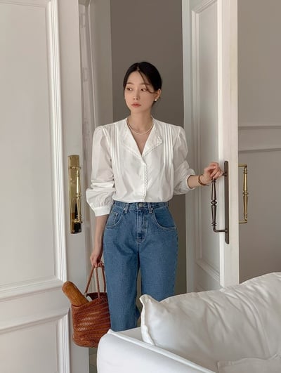 法式蕾絲滾邊翻領壓折襯衫7