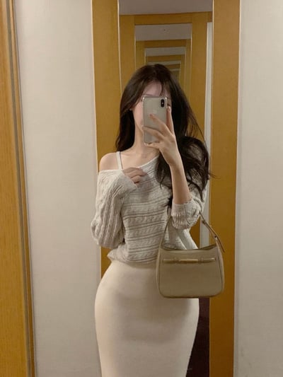 鏤空橫紋麻花斜肩針織衫＋小背心SET2