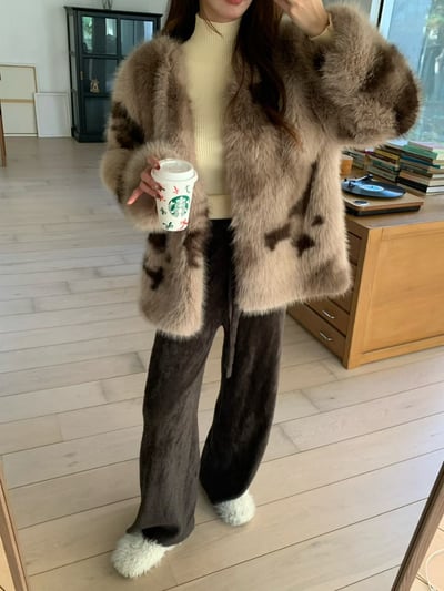 不規則色塊豹紋感毛毛外套7