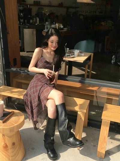 不規則格紋蛋糕背心雪紡短洋2