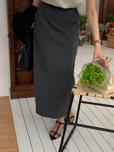 高腰直紋後開衩西裝長裙5