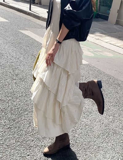 蕾絲V領小花刺繡斜邊層次蛋糕長洋12