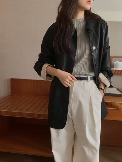 翻領皮革長版外套3