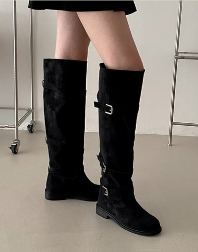 圓頭釦環麂皮膝上靴11