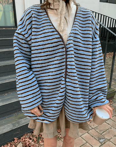 落肩配色橫條紋磨毛開襟外套7
