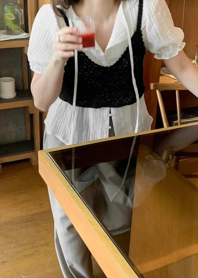 花苞手袖微透綁結雪紡衫4