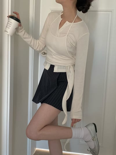 排釦開襟薄Ｔ＋側綁帶繞頸背心SET1